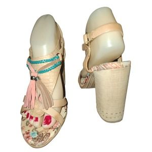 Cravo & Canela Womens US 8.5 Colorful Tassels Leather Sandals High Heel Brazil